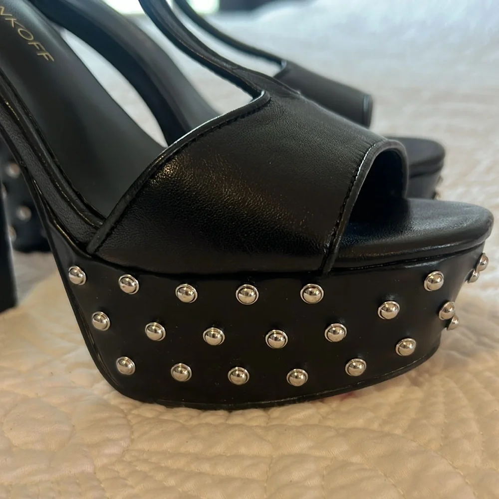 Rebecca Minkoff Black Leather Studded Platform T-Strap Sandals Heels